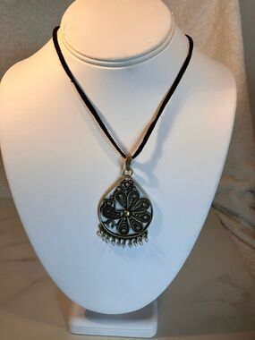 Vintage Bronzetone peacock Pendant - Black Cord ‘Paradise’!